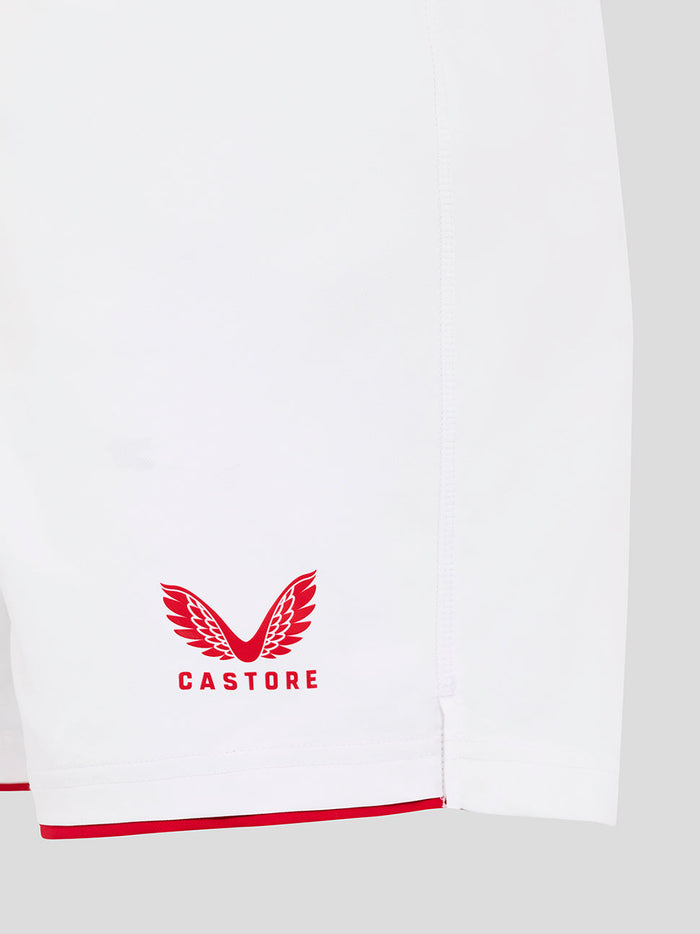 White England Rugby Home Shorts featuring Castore crest on left thigh and red hem trim.