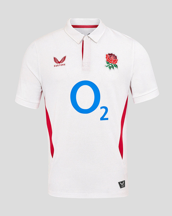 Front view of white England rugby home classic short sleeve shirt with O2 center logo, Rose crest left chest, Castore right chest
