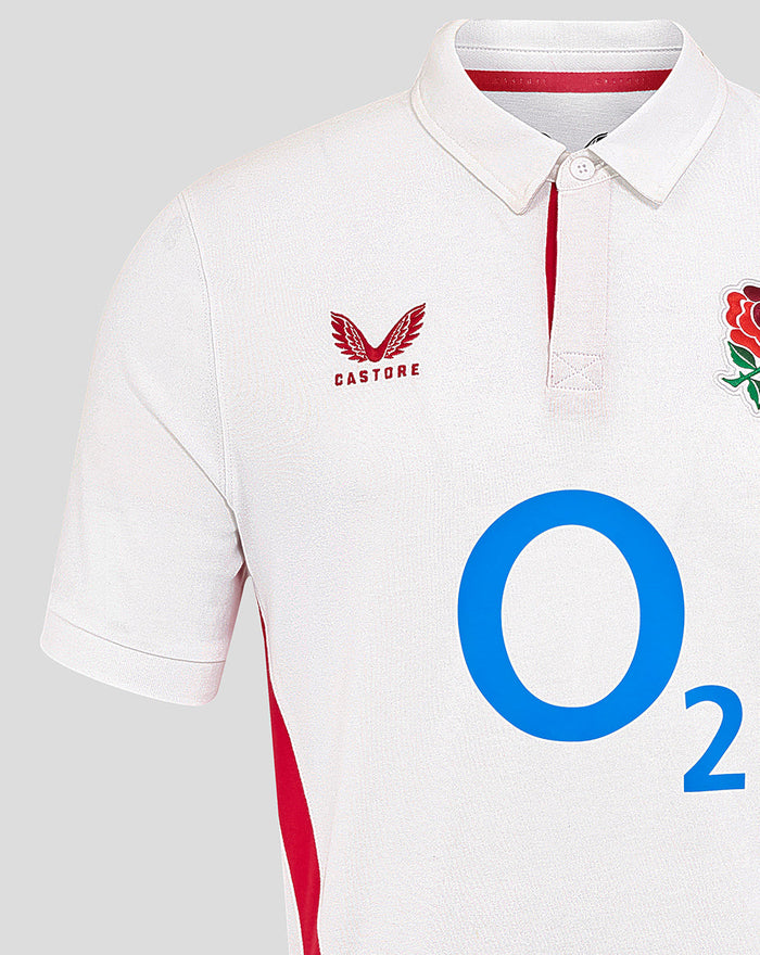 Upper portion of white England rugby shirt with Castore logo on chest and rose crest on the opposite side