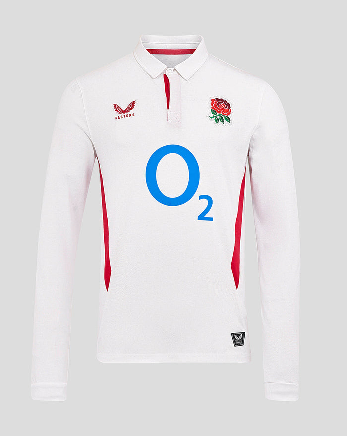 White England Rugby Home Classic Long Sleeve Shirt with rose crest on left chest, O2 logo at center and Castore logo on right chest.