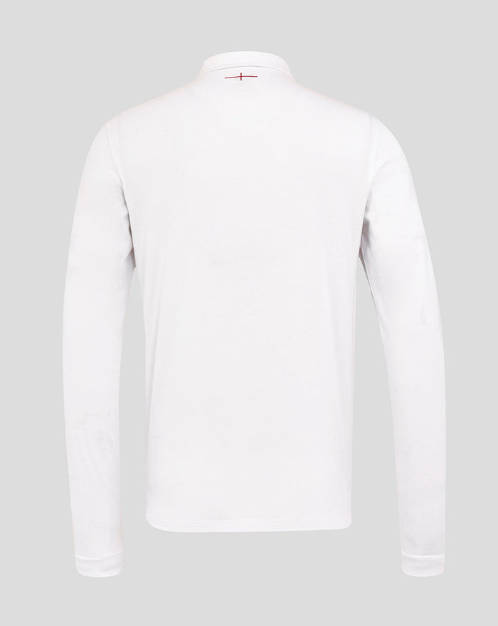 Back view of white Men’s England Rugby Home Classic Long Sleeve Shirt showing a clean back and collar detail