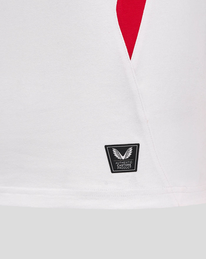 White long sleeve England rugby shirt with red side panels and Castore authentication patch at hem