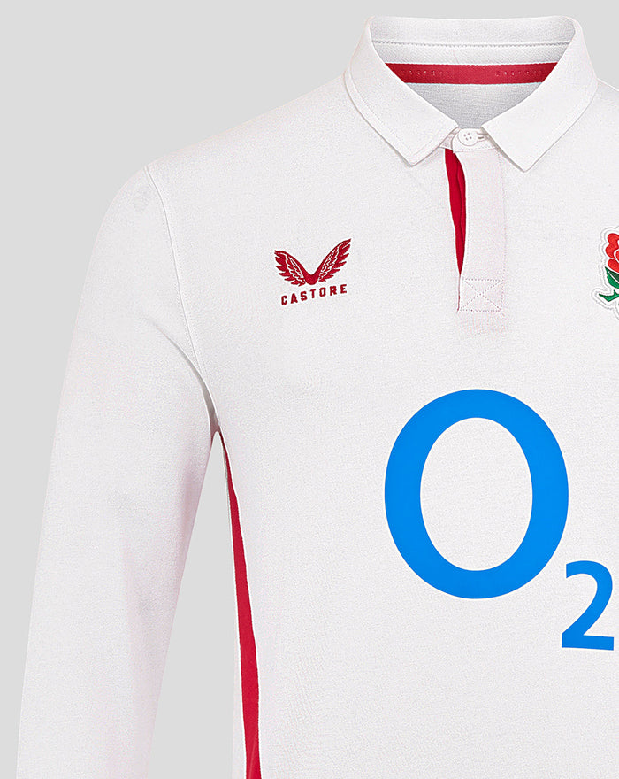 Close-up of the white England Rugby shirt front highlighting O2 logo center Castore logo on left chest and Rose crest partially visible
