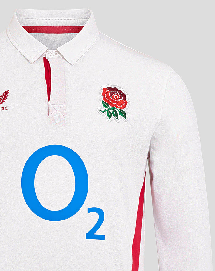 Front view of white Men’s England Rugby 25/26 Home Classic Long Sleeve Shirt with Rose crest left chest O2 logo center and Castore logo right chest