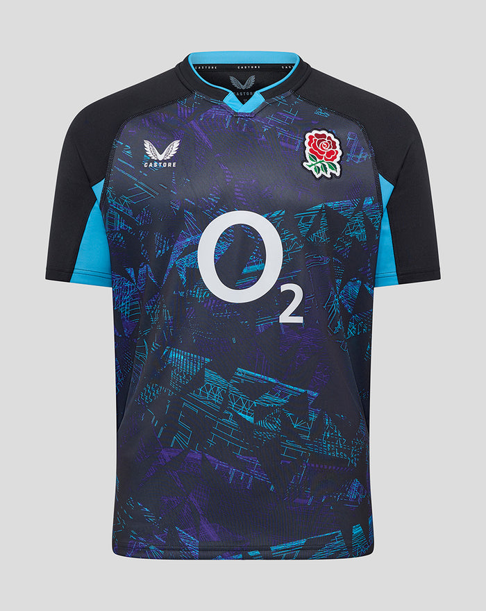 Men's England rugby replica shirt with navy body turquoise accents bold geometric front graphic rose crest on left chest and O2 logo center.