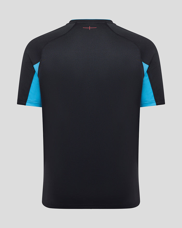 Back view of men's England rugby replica alternate short sleeve shirt in navy with cyan side panels and pink neckline detail