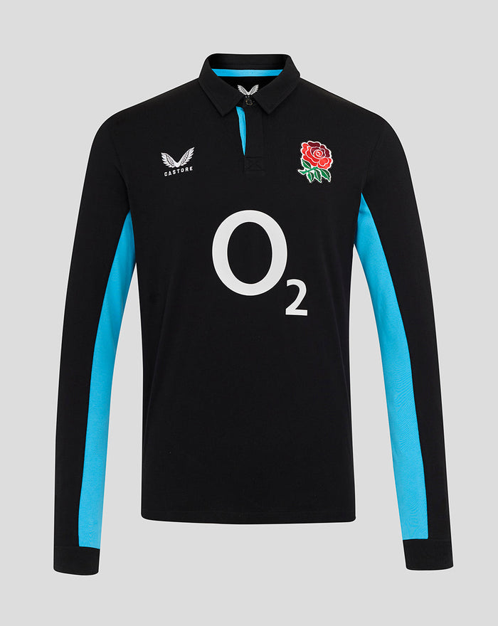 Men's England Rugby Alternate Classic Long Sleeve Shirt in black Caviar with turquoise accents and large O2 logo across front; rose crest and Castore logos.