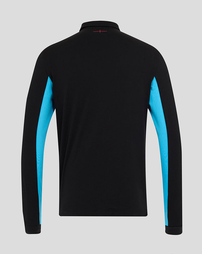Back view of black England Rugby Alternate Classic Long Sleeve shirt with cyan side panels.