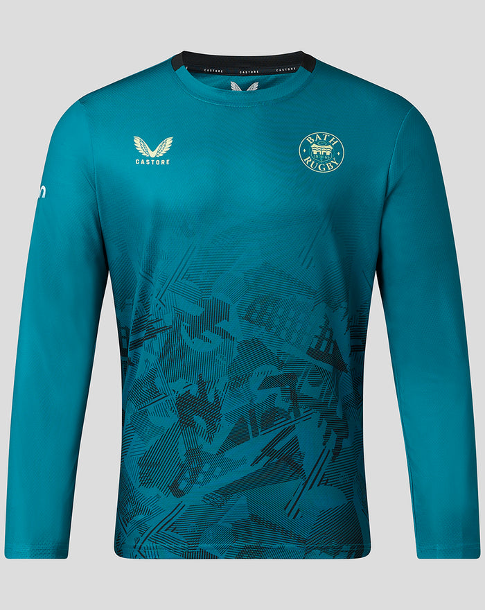 Front view of teal long sleeve training T shirt with city gradient graphic and Bath Rugby crest on chest