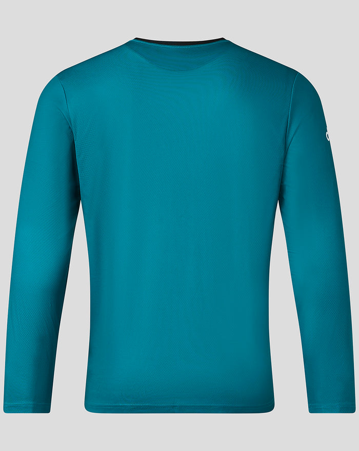 Back view of turquoise Bath Rugby training T shirt with long sleeves and minimal back design.