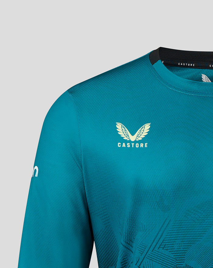 Front view of teal Bath Rugby training T shirt with club crest on left chest and Castore branding at the neckline.