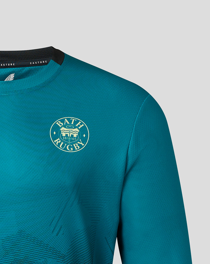 Teal Bath Rugby training T shirt close-up of left chest club crest and right chest Castore branding.