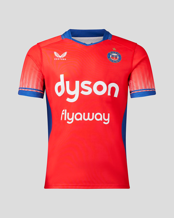Front view of red Bath Rugby Euro Cup Shirt with dyson sponsor, left chest club crest and Castore branding on the right chest