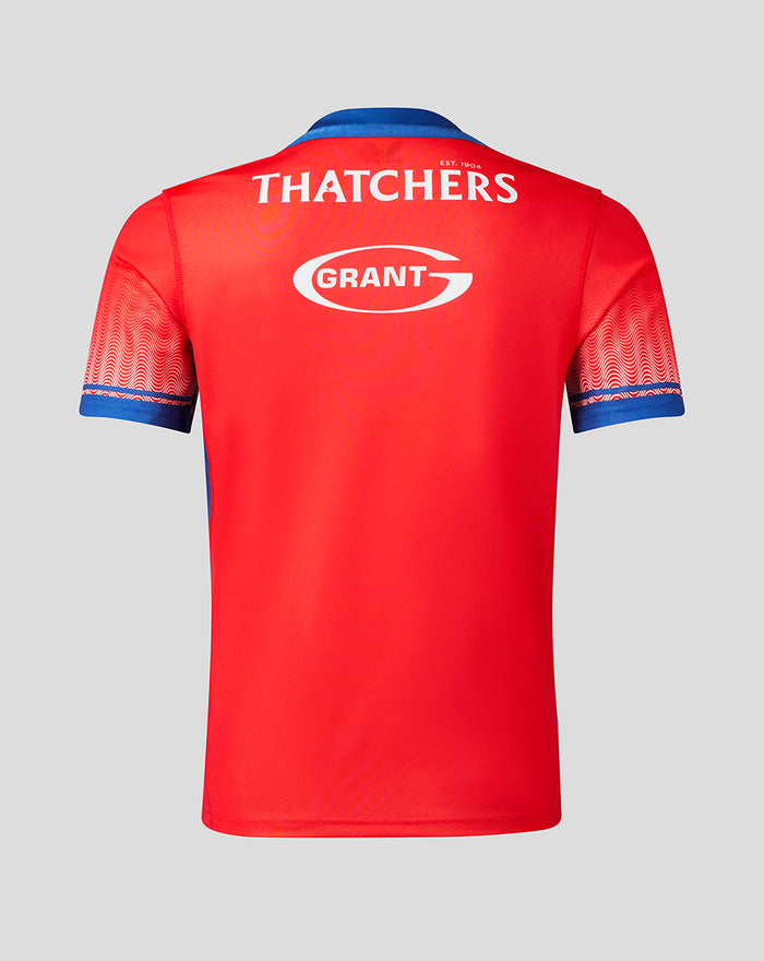 Back view of red Bath Rugby Euro Cup shirt showing a large GRANT logo on the center back with THATCHERS text near the neckline and blue collar