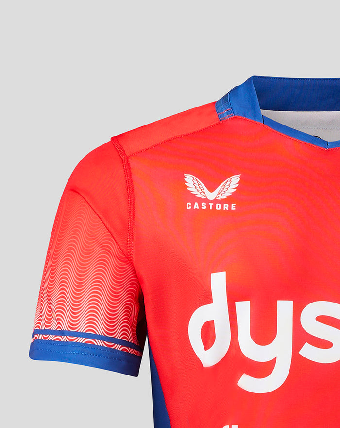 Front view of red Bath Rugby Euro Cup shirt with blue collar and cuffs, club crest on the left chest and Castore branding on the right chest