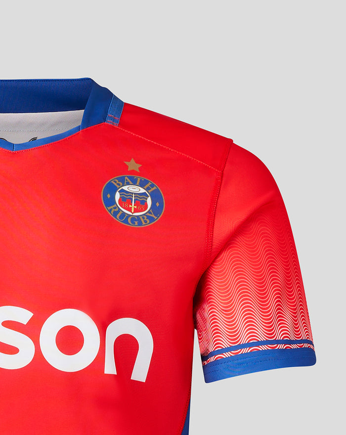 Close up of patterned sleeve cuff and left chest crest on the red Bath Rugby Euro Cup Shirt