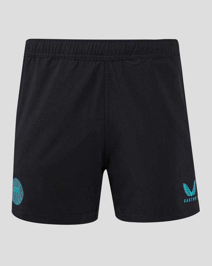 Back view of black Bath Rugby training shorts with light blue side panels, Bath Rugby crest on left leg and Castore branding on right hem.