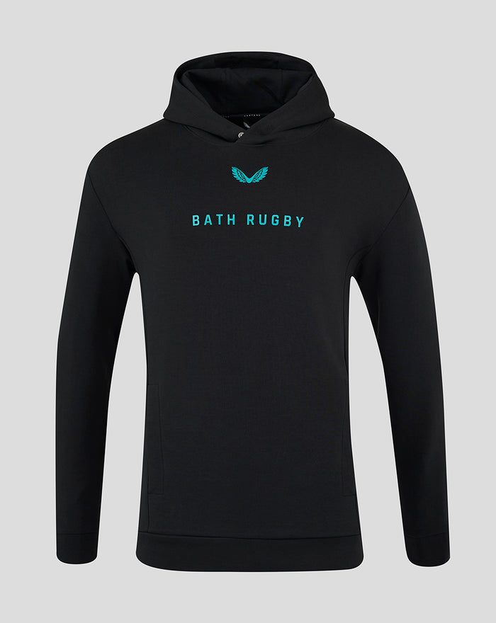 Front view of black Bath Rugby Travel Hoodie with turquoise wings logo and Bath Rugby wordmark on chest