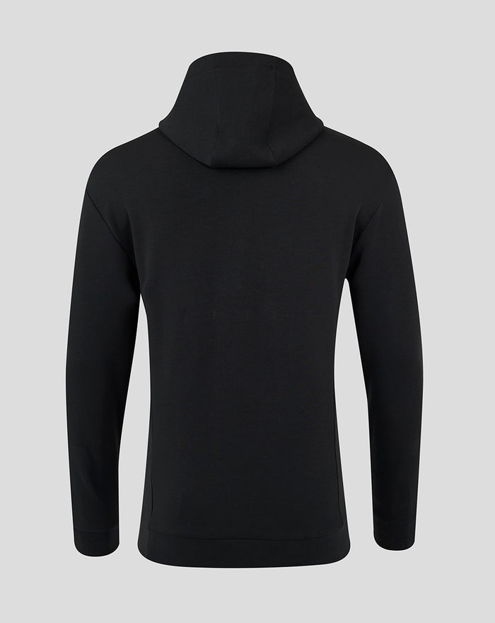 Back view of black Bath Rugby Travel Hoodie with hood laid flat
