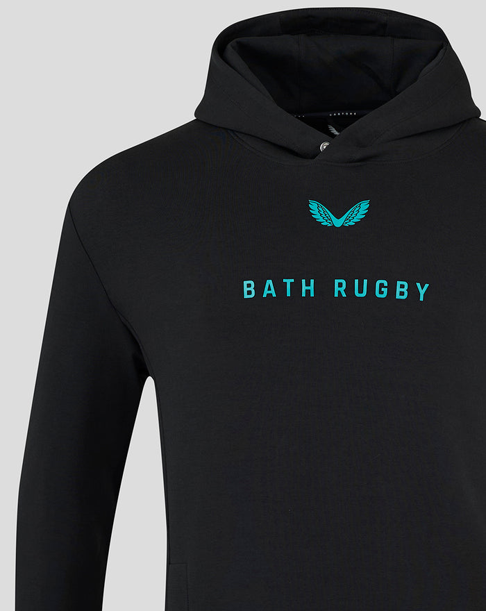 Front view of black Bath Rugby Travel Hoodie with turquoise crest above Bath Rugby text on the chest