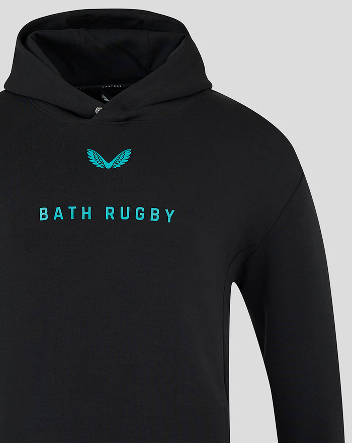 Close-up of the chest area on the black Bath Rugby Hoodie showing turquoise Bath Rugby logo and wordmark