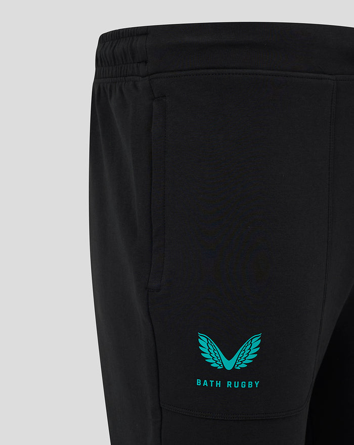 Back view of black Bath Rugby Travel Pants showing turquoise logos at the ankle
