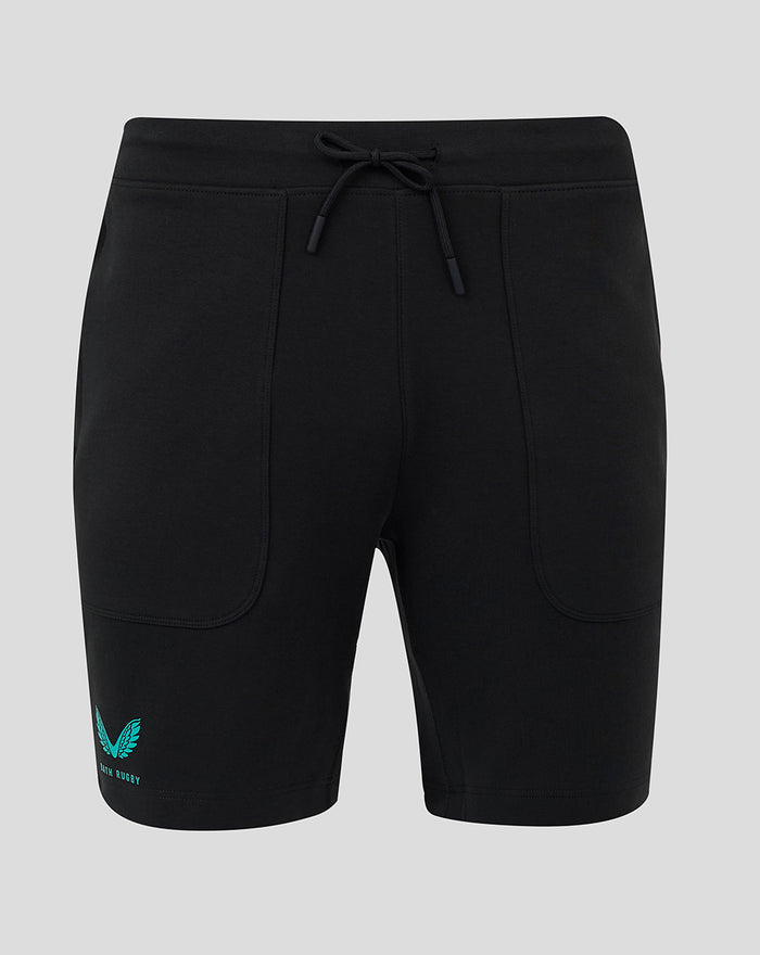 Back view of black Bath Rugby Travel Short with drawstring waist large patch pockets and teal logo at lower left
