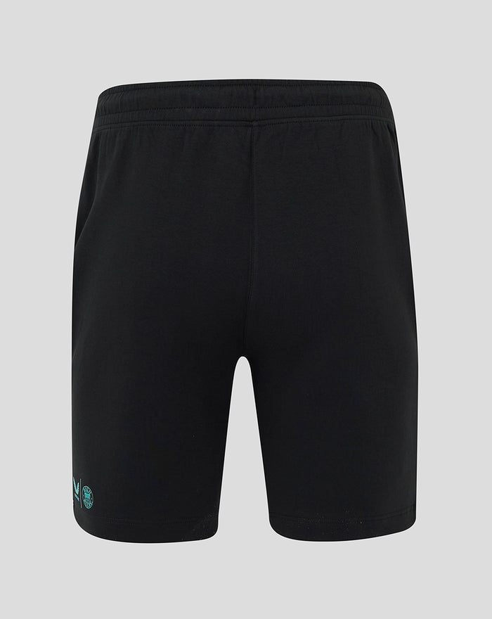 Back view of black men's Bath Rugby travel shorts showing an elastic waistband and simple stitching.