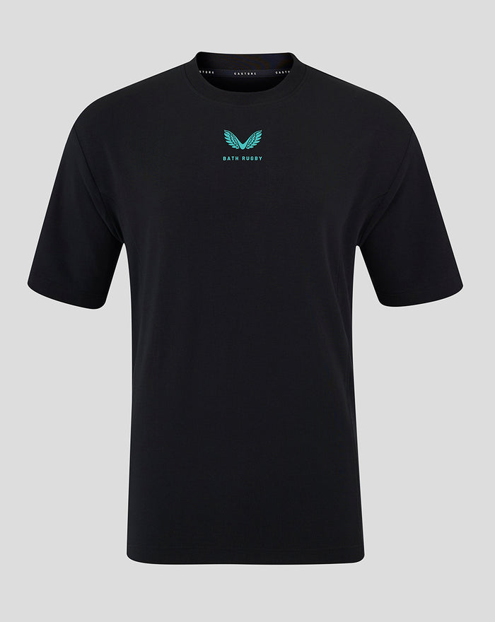 Front view of black Bath Rugby Travel Short Sleeve T Shirt with teal wing logo centered on chest