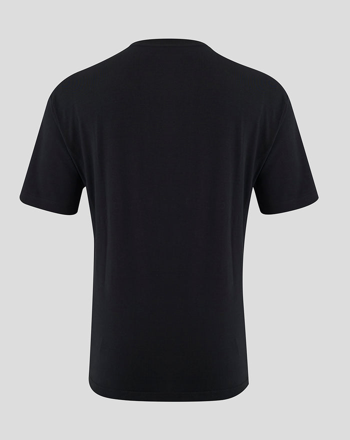 Back view of black Bath Rugby Travel Short Sleeve Shirt showing plain back and short sleeves