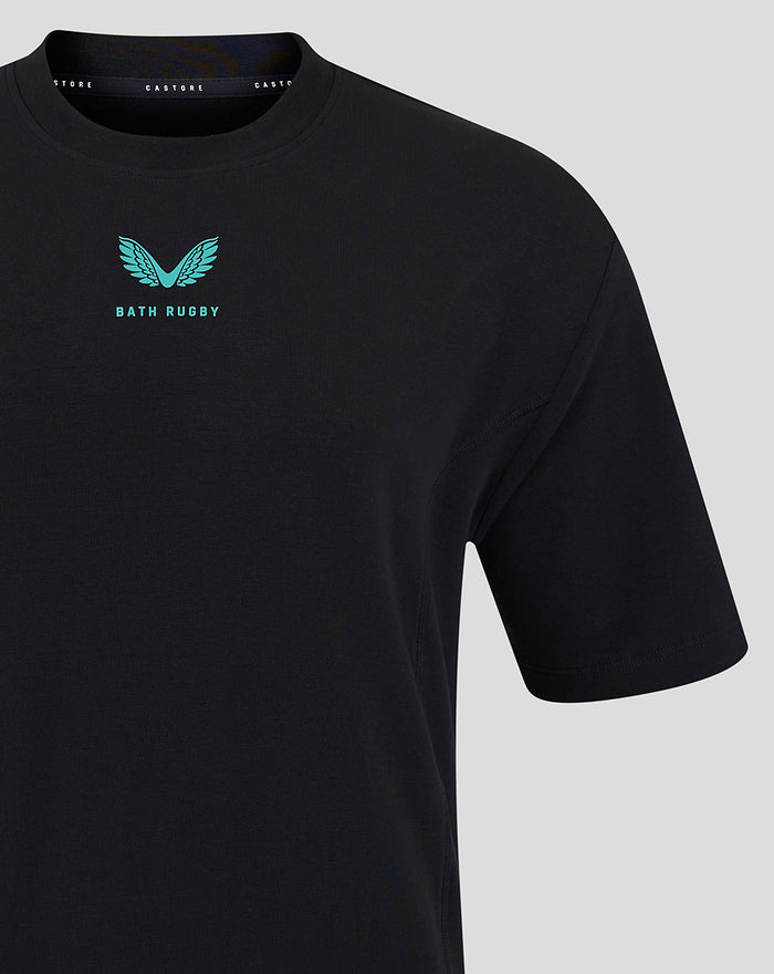 Front view of black Bath Rugby Travel Short Sleeve Shirt with turquoise crest and Bath Rugby text on the chest