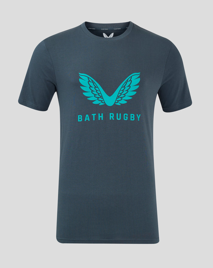 Front view of dark slate men's logo t shirt with large teal wing graphic and Bath Rugby text