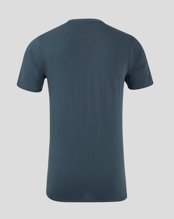 Back view of dark slate Bath Rugby T shirt with interior collar branding visible