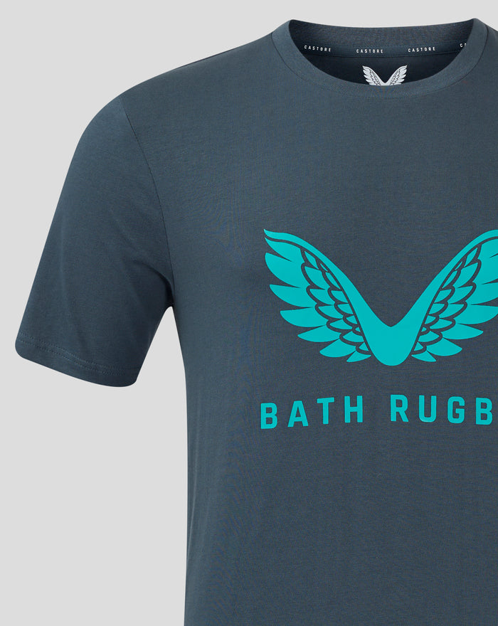 Dark slate men's T shirt with turquoise wing logo on the chest and Bath Rugby text below