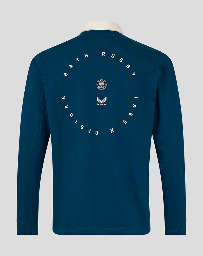 Back view of teal Junior Lifestyle Rugby Shirt with circular Bath Rugby graphic and logos.