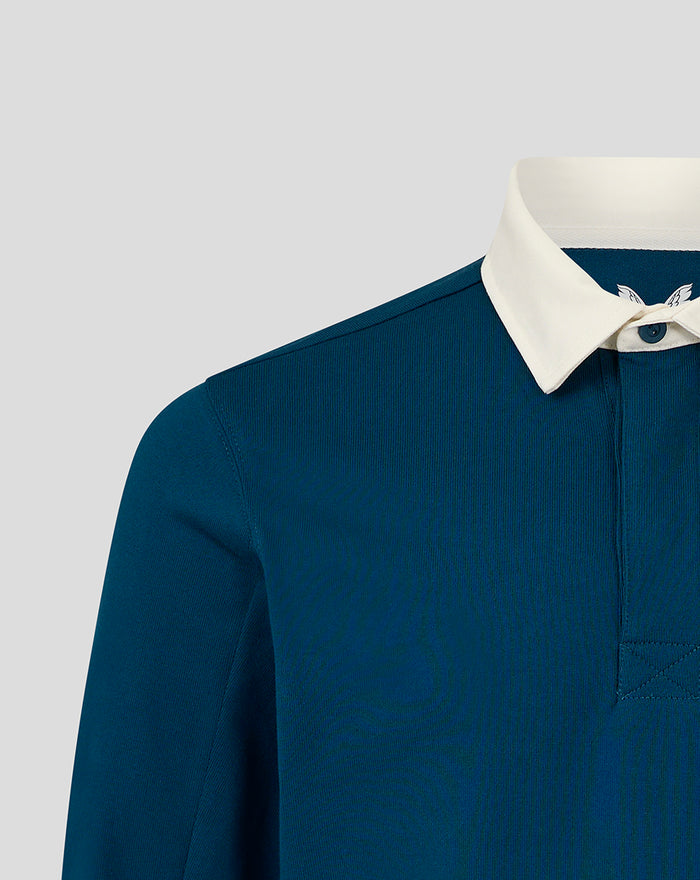 Teal junior rugby shirt with white cotton twill collar and collar stand close up