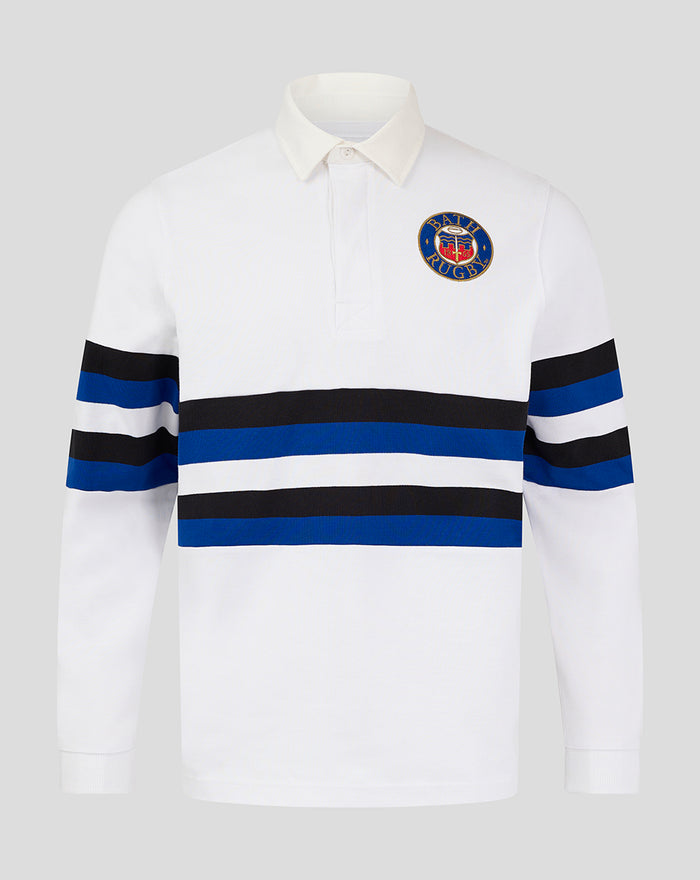 White Bath Rugby shirt with bold blue and black stripes across the midsection and Bath Rugby crest on the left chest.