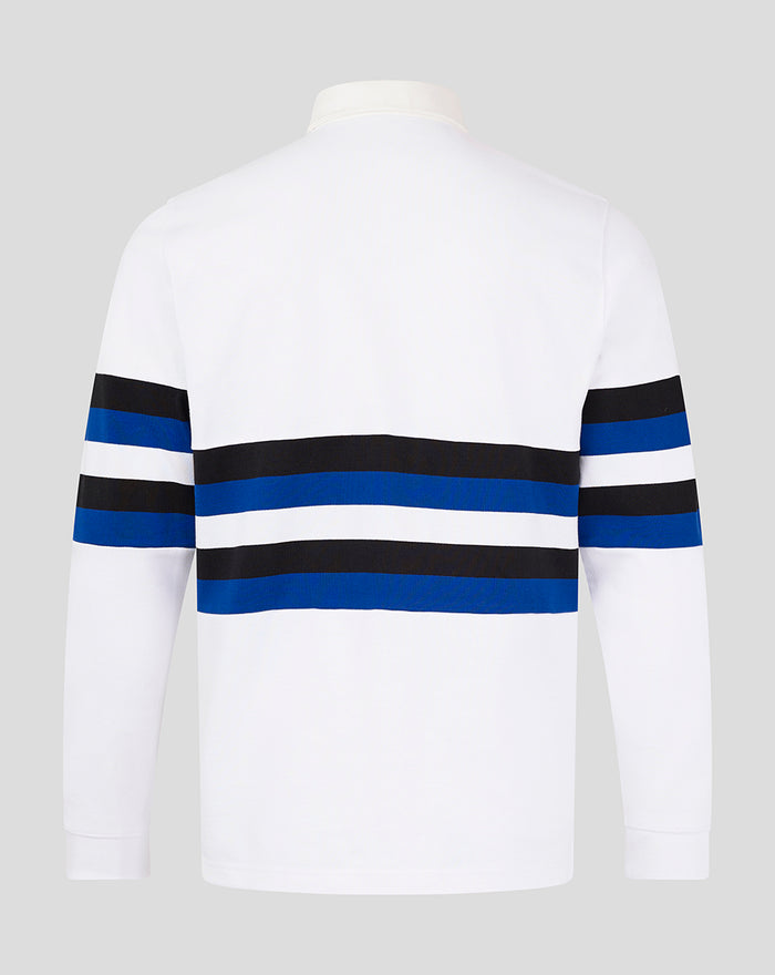 Back view of white Bath Rugby shirt with navy and royal blue stripes across the back and sleeves.