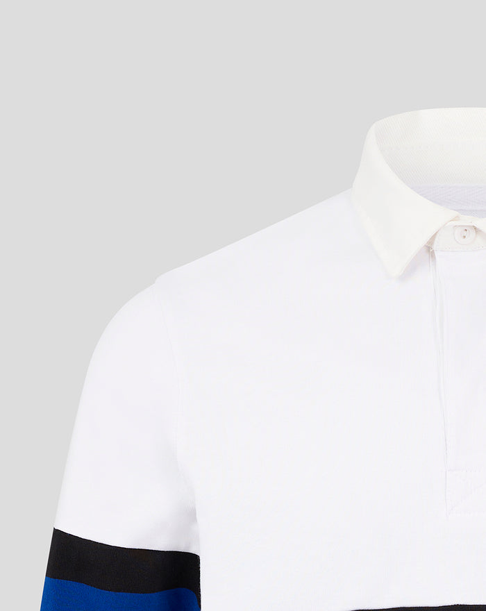 White rugby shirt collar and chest area with a partial blue stripe on the sleeve