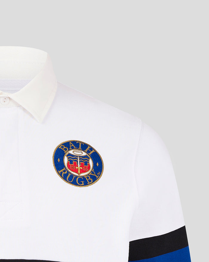 White Bath Rugby shirt close up showing collar and Bath Rugby crest on the chest.
