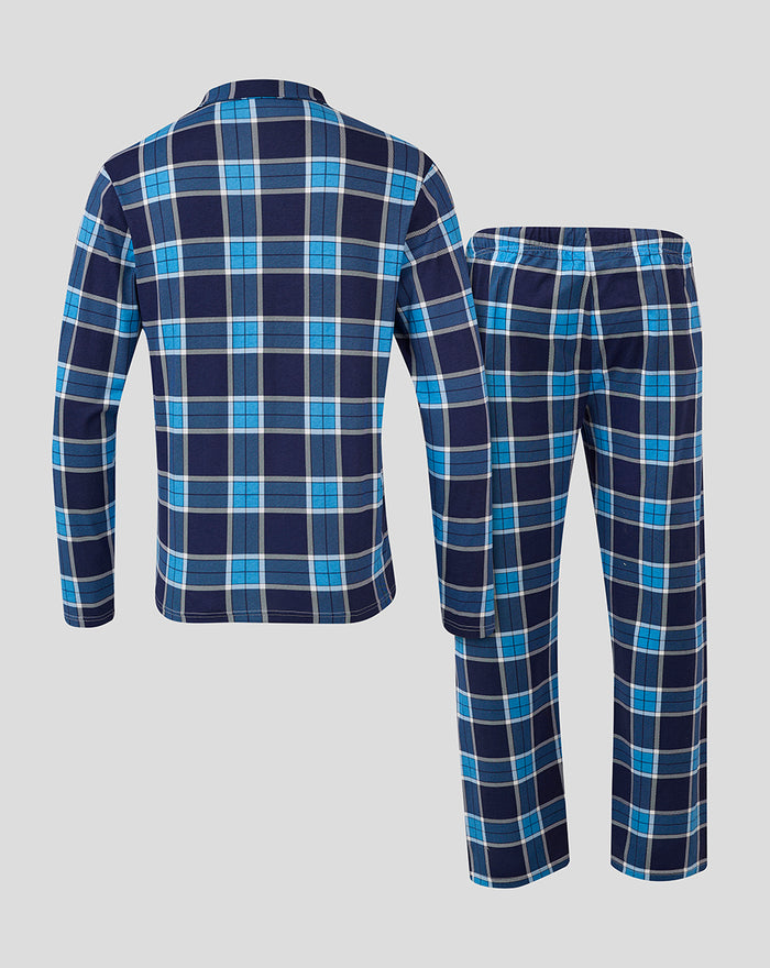 Bath Rugby men's long pajama set in navy blue and light blue plaid with long sleeves and matching pants