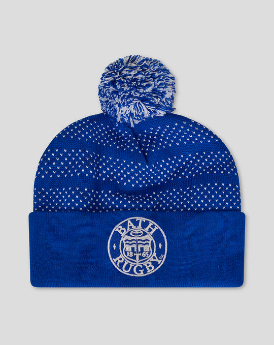 Bath Rugby blue knitted bobble hat with white speckled pattern and folded cuff with logo.