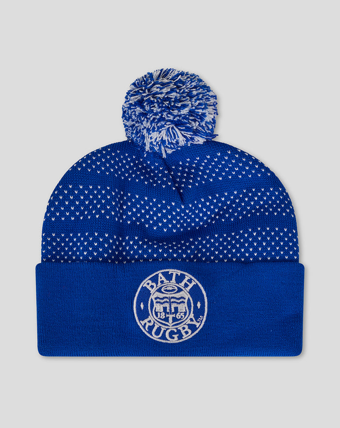 Bath Rugby blue knitted bobble hat with white speckled pattern and folded cuff with logo.