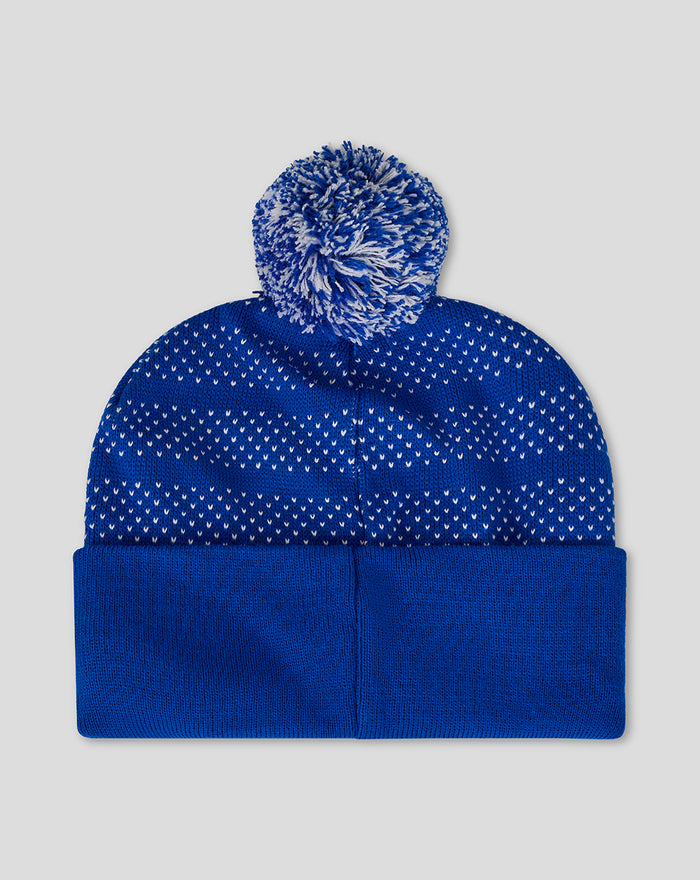 Blue Bath Rugby knitted bobble hat with white speckles and a fluffy pom on top.