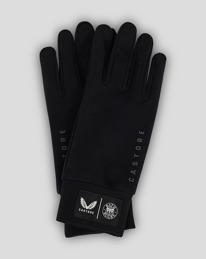 Pair of black gloves with Castore branding and a Bath Rugby patch at the wrist