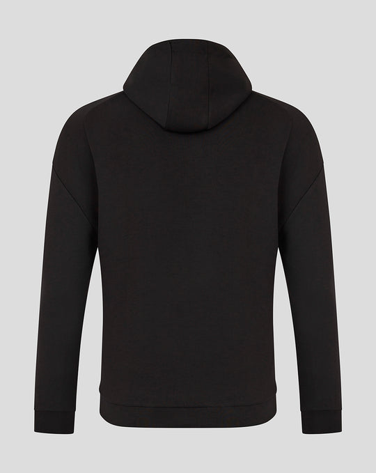 Back view of black Bath Rugby travel overhead hoodie with hood and ribbed hem