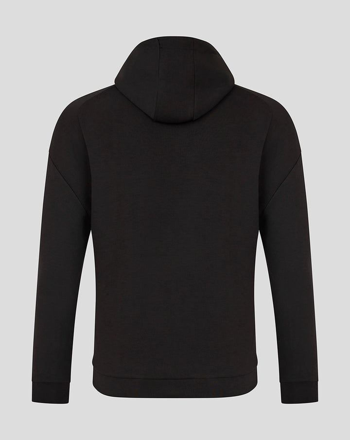 Back view of black Bath Rugby travel overhead hoodie with hood and ribbed hem