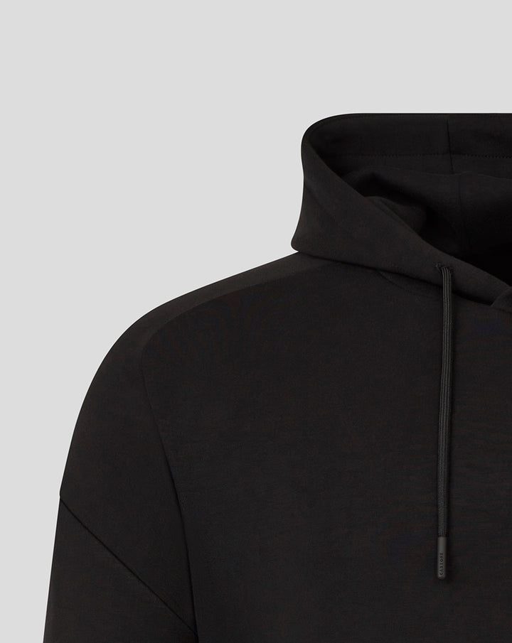 Close up of black hoodie hood and drawstrings on a Bath Rugby travel hoodie