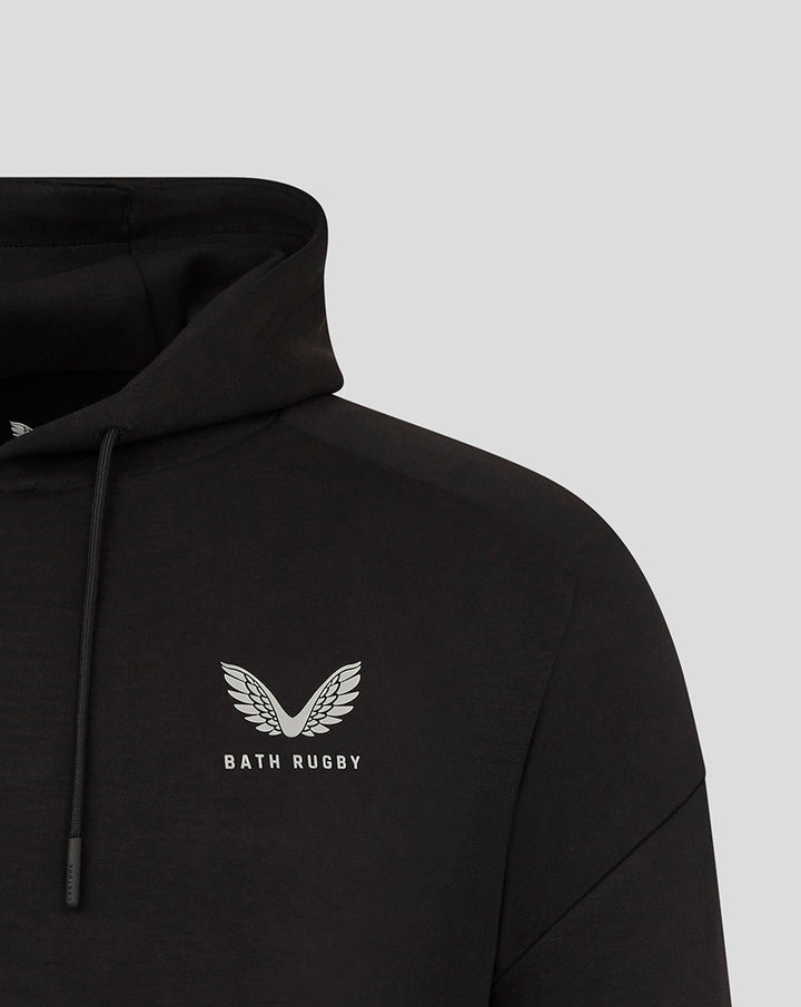 Unisex black Bath Rugby travel hoodie with hood and white crest on the chest