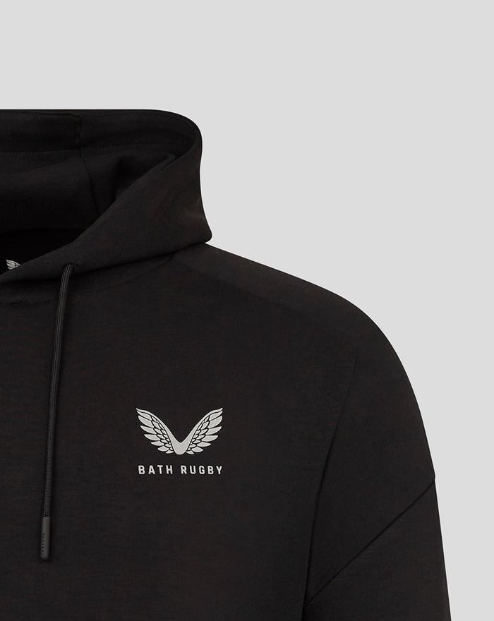 Unisex black Bath Rugby travel hoodie with hood and white crest on the chest